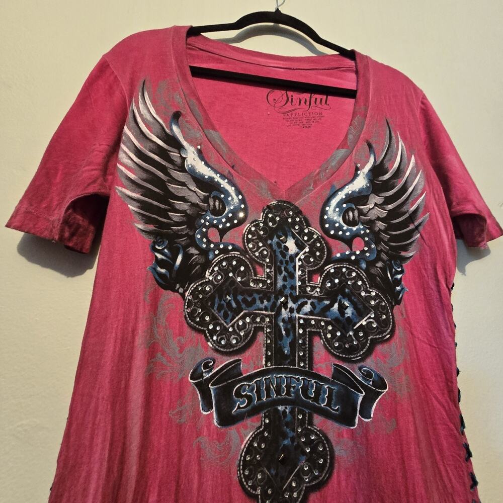 Vtg 90s Y2K Affliction Bling Wings Laceup T-Shirt Women LG Red Grunge Goth Biker - Picture 2 of 11